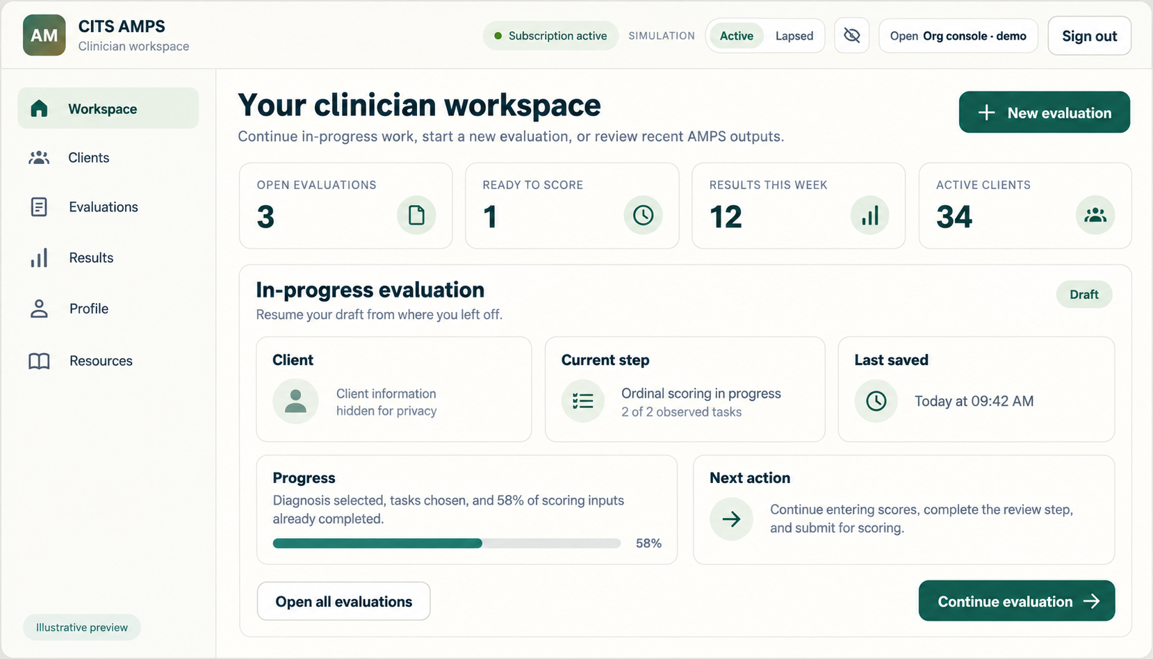 Illustrative redesign of the CITS AMPS clinician workspace